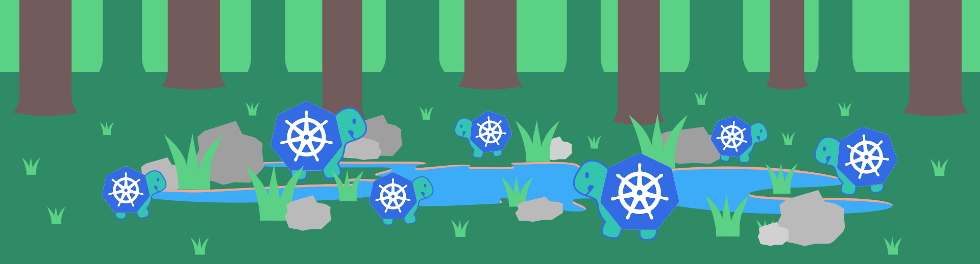 A series of stylised tortoises with Kubernetes logos for shells are walking around near a lake