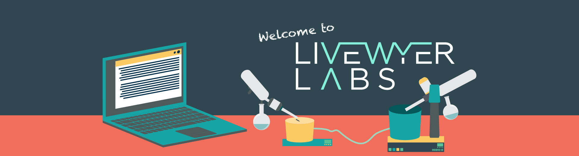 A laptop, some laboratory equipment, and the text 'Welcome to LiveWyer Labs'